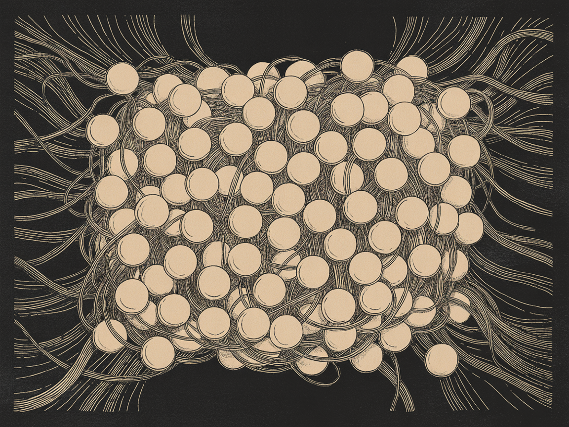 Dense chaotic network of tangled nodes — visual metaphor for agent swarm merge conflicts